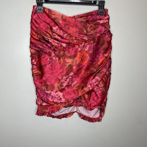 FOR LOVE & LEMONS Alia Mini Skirt Women Small Pink Red Floral Ruffle Trim Ruched - Picture 2 of 10
